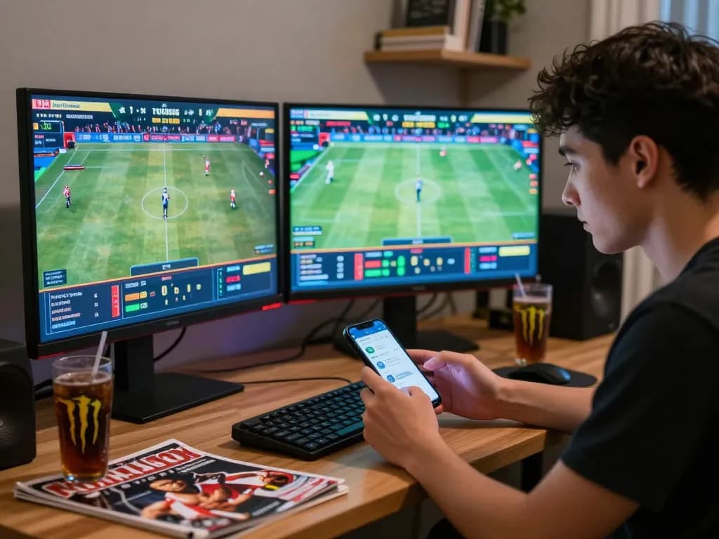 Online betting scene with a user engaging with uu88 on multiple screens, showcasing live sports excitement.