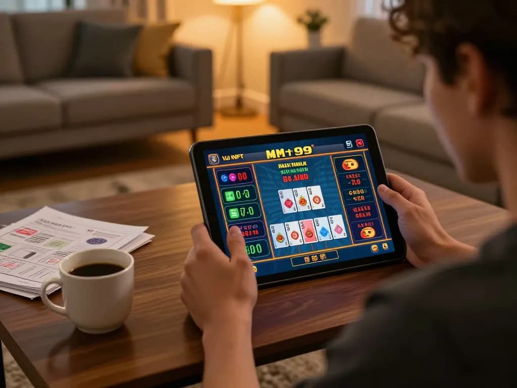 Engaging with MM 99 online casino game on tablet in a cozy home setting, promoting responsible gaming