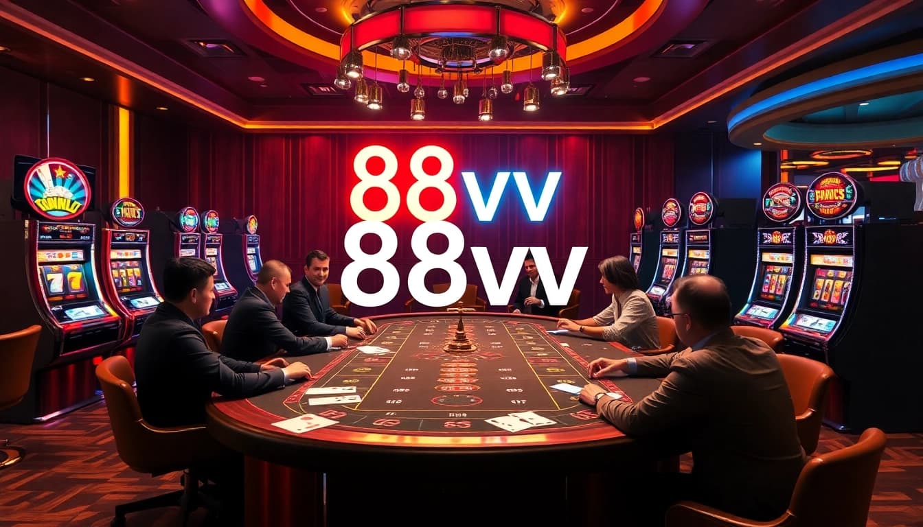 Engaging players at a luxurious casino gaming table showcasing 88vv elements and vibrant atmosphere.