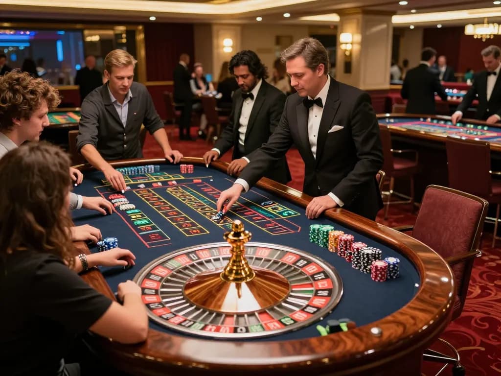 Fabet players engaged in an exciting roulette game at a luxury casino table, vibrant chips in action.