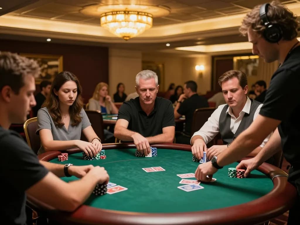 Luck8 poker players engaging in a high-stakes game, displaying strategic gameplay and camaraderie.
