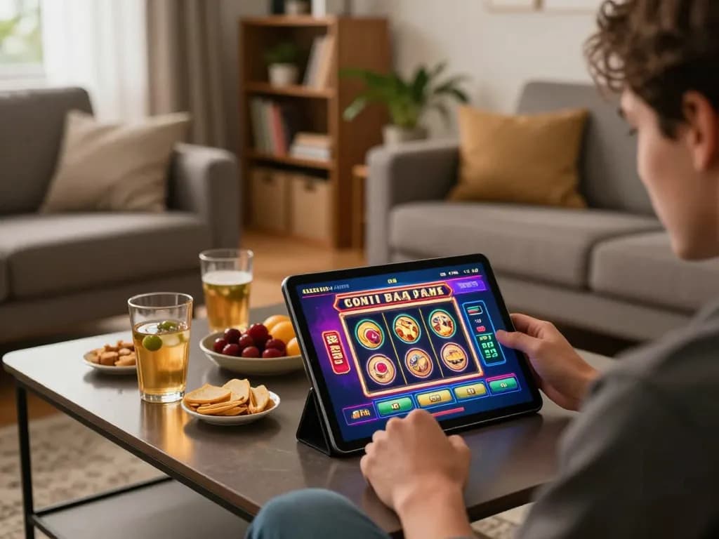 Engaging with 388bet on a tablet during a home gaming session, depicting a lively online gambling atmosphere.
