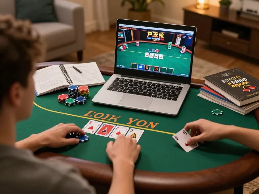 Player enjoying poker on sc88 platform with strategic notes visible, emphasizing online gaming excitement