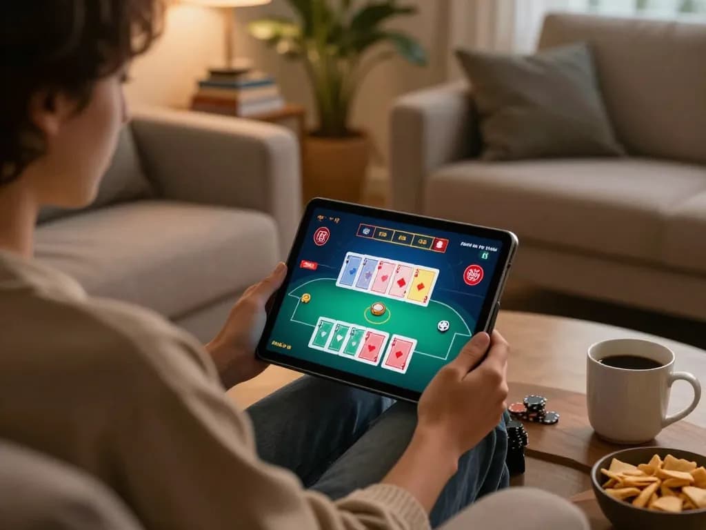 Player strategizes on poker gameplay using 789bet tablet app in a cozy living room.