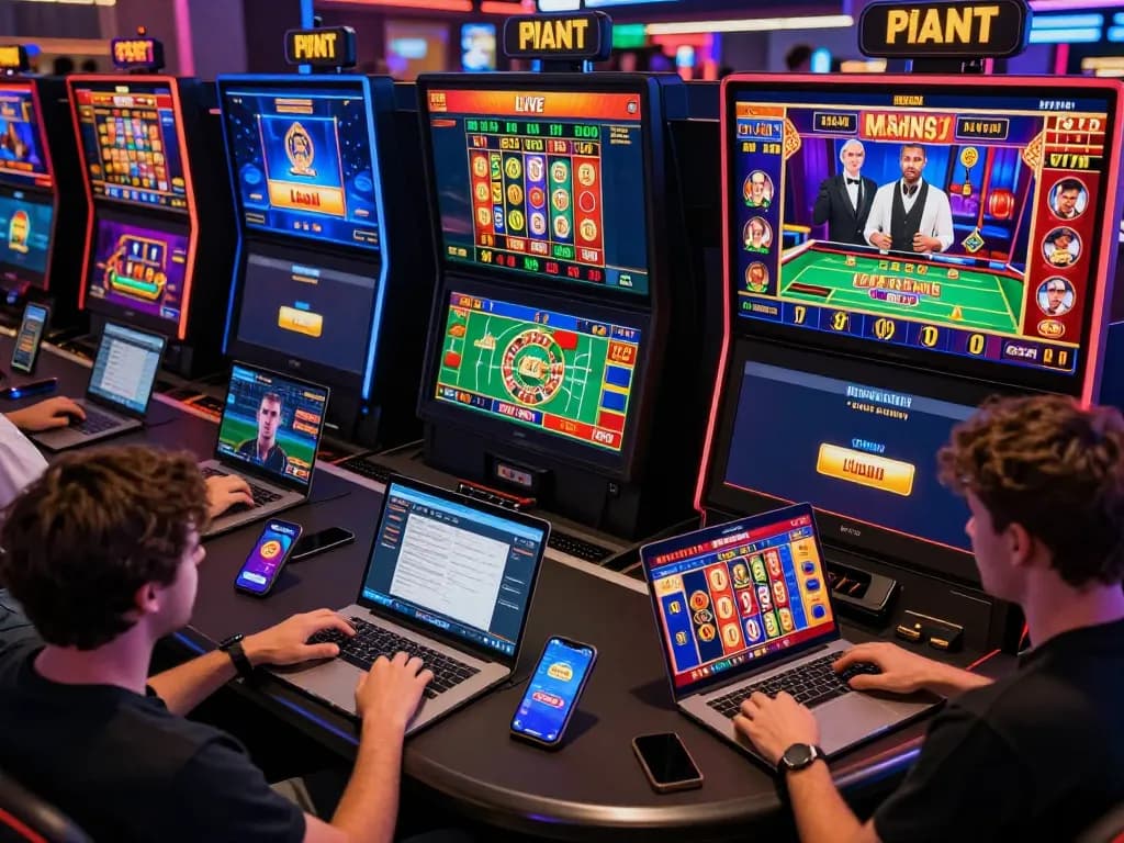 Exciting hm88 online betting scene with players engaged in sports, casino games, and vibrant slot machines.