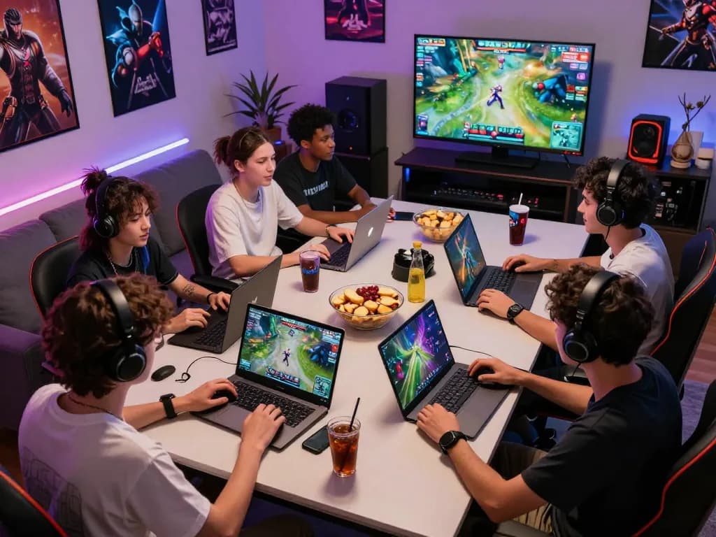 Group of friends enjoying foya888 online gaming session with snacks and vibrant decor.