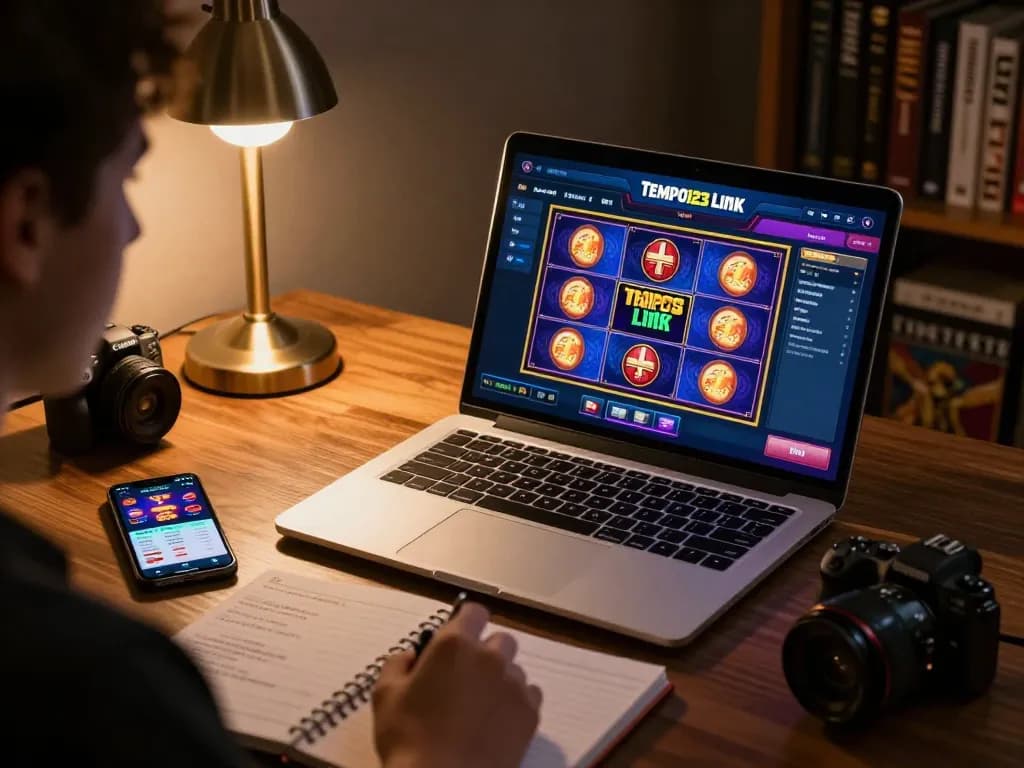 Berinteraksi dengan Tautan Tempo123 di laptop, menunjukkan strategi perjudian online yang bertanggung jawab.