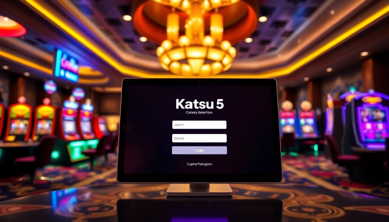 Login Katsu5 dengan antarmuka modern di tengah suasana kasino yang ramai.