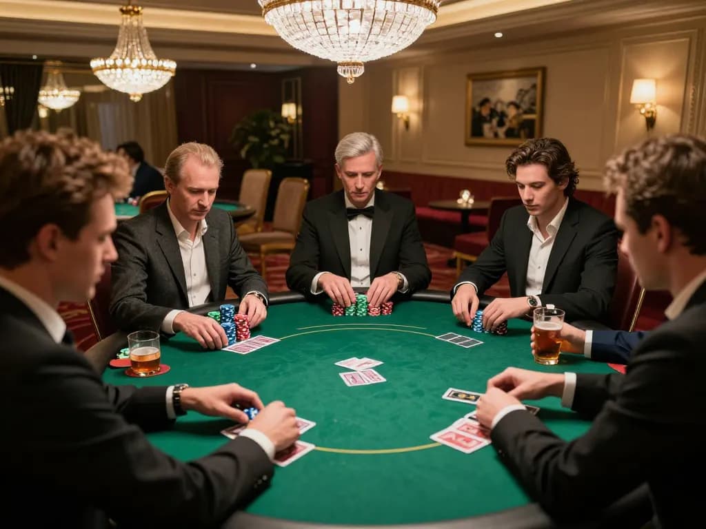 JUN88 players engaged in a high-stakes poker game in an upscale casino setting.