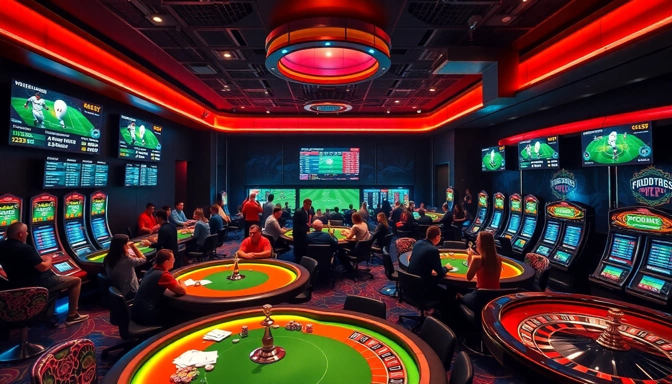 KQBD sports betting lounge with live football screens, poker tables, and players having fun.