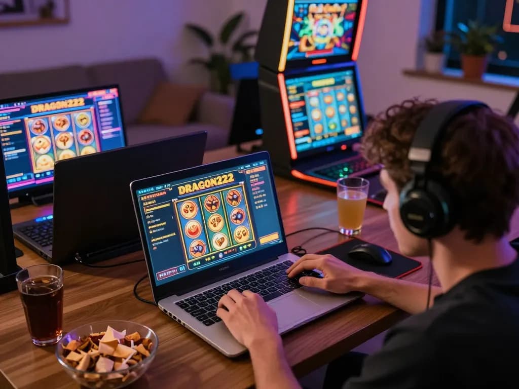 Player enjoying DRAGON222 slot game on laptop in cozy home environment with snacks.