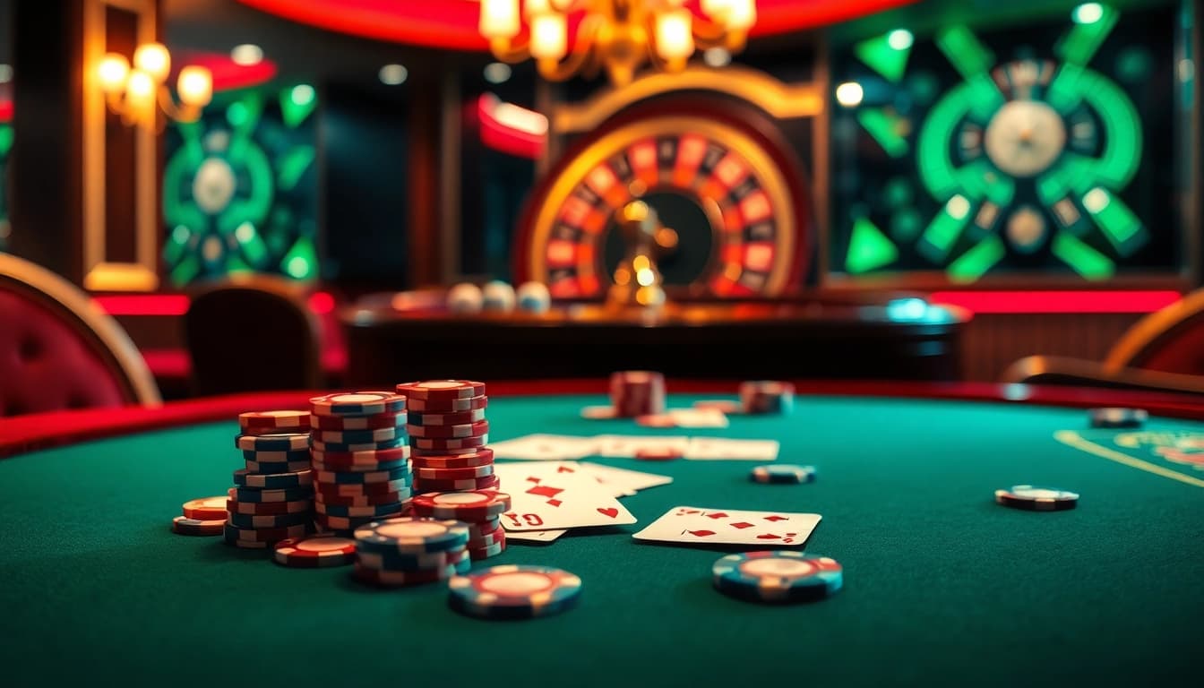 Exciting poker scene highlighting Nhà cái uy tín, showcasing professionalism in an elegant casino environment.