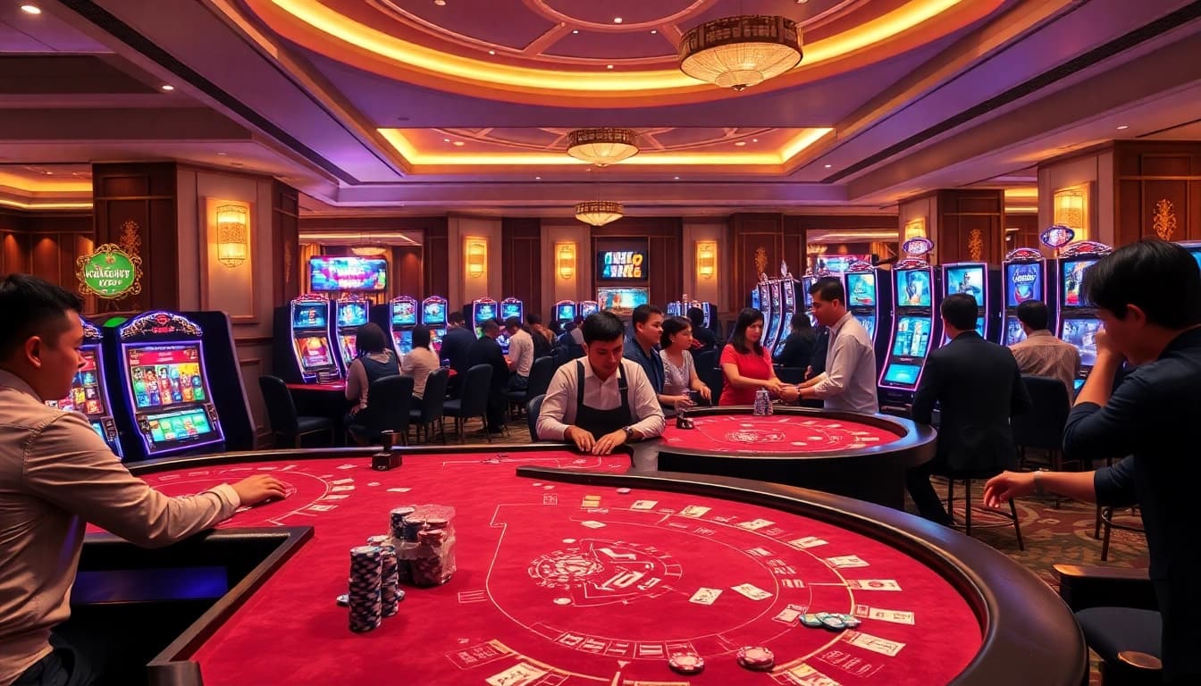 Exciting i9bet online gambling scene featuring vibrant casino tables, slot machines, and engaged players.