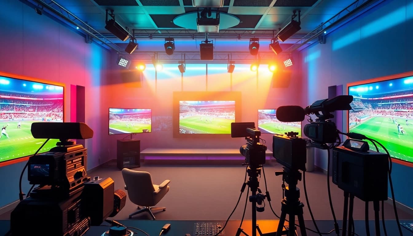 Engaging image showcasing sports broadcasting with vibrant visuals and dynamic studio equipment.