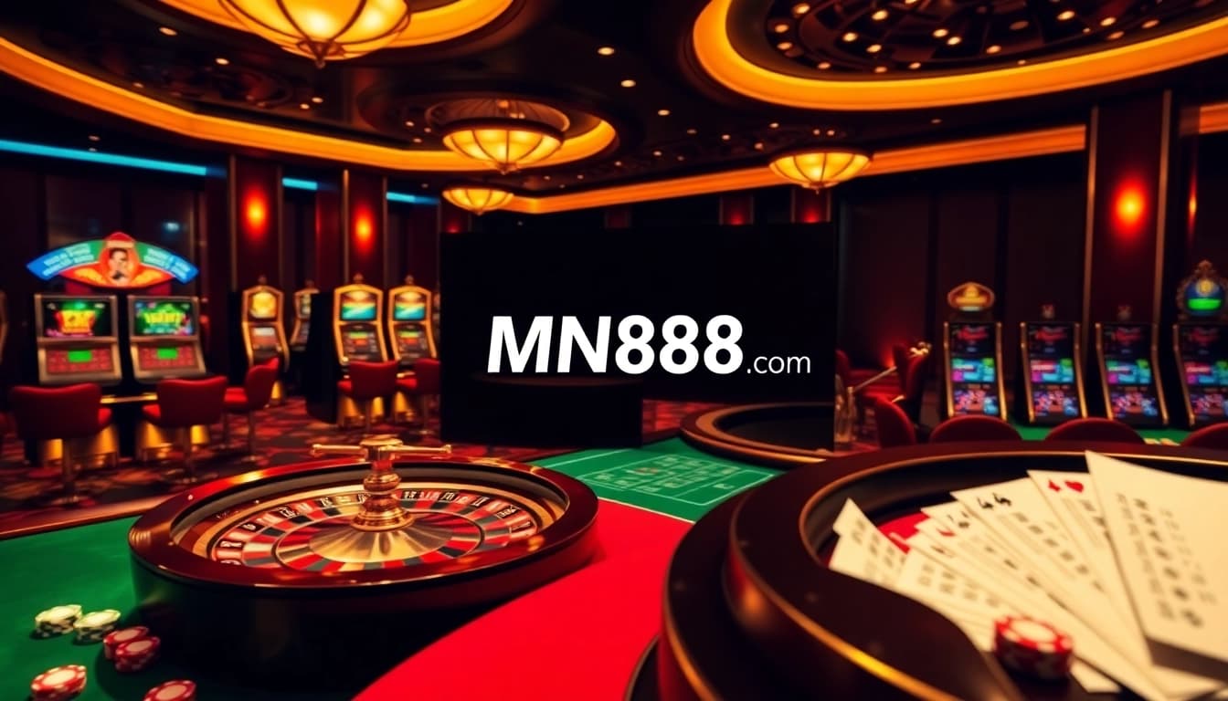 Exciting casino gaming scene showcasing vibrant elements at MN88 com, including roulette and poker.