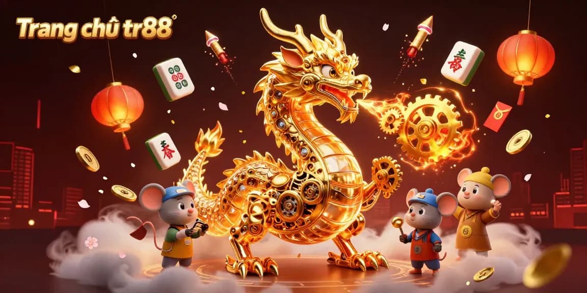 Experience the excitement at Trang chủ tr88, featuring a golden dragon scene with festive gambling elements.