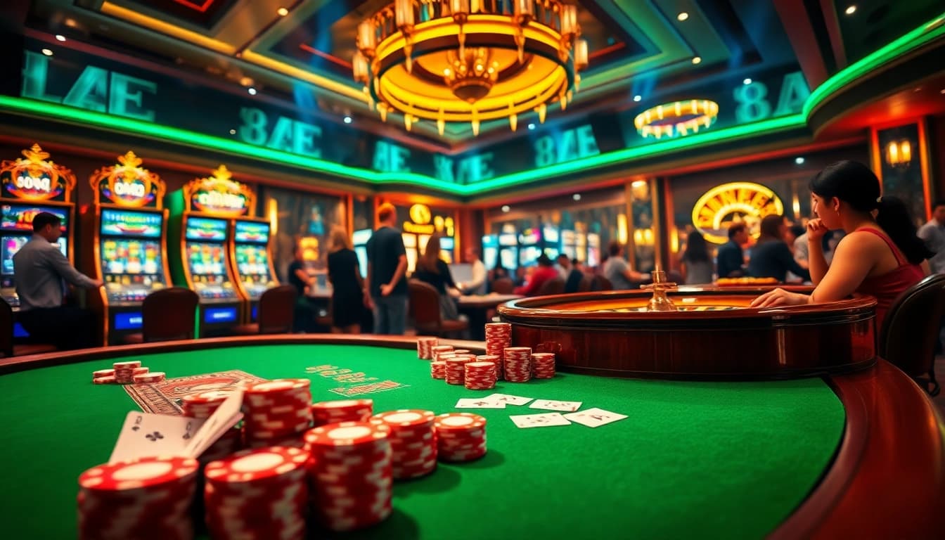 Experience the excitement of 8kbet in a luxurious casino setting with vibrant slot machines and engaging players.