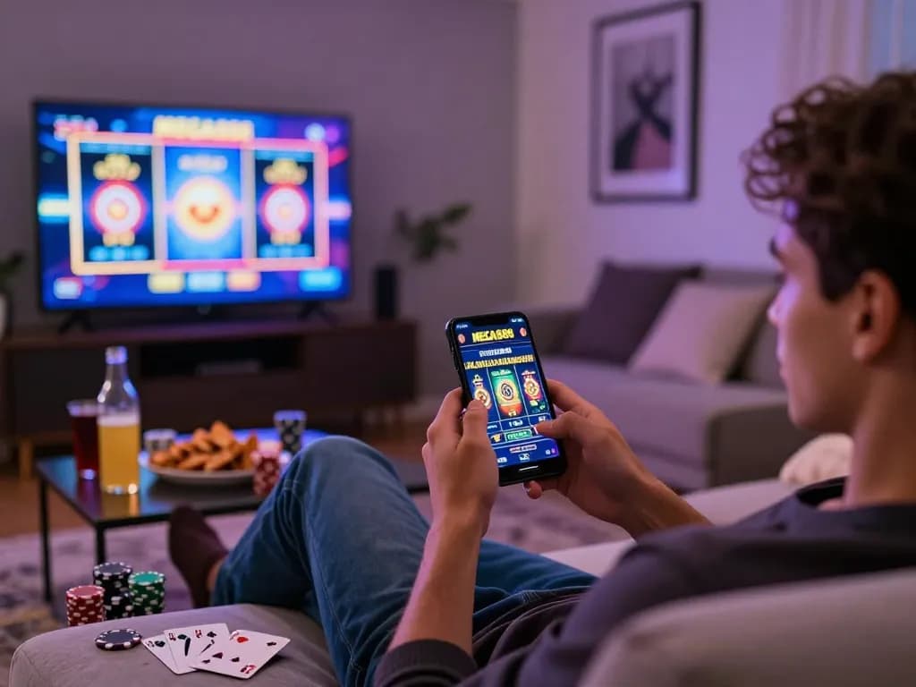 Player enjoying MEGA888 online casino experience in a comfortable living room, highlighting vibrant gaming atmosphere.