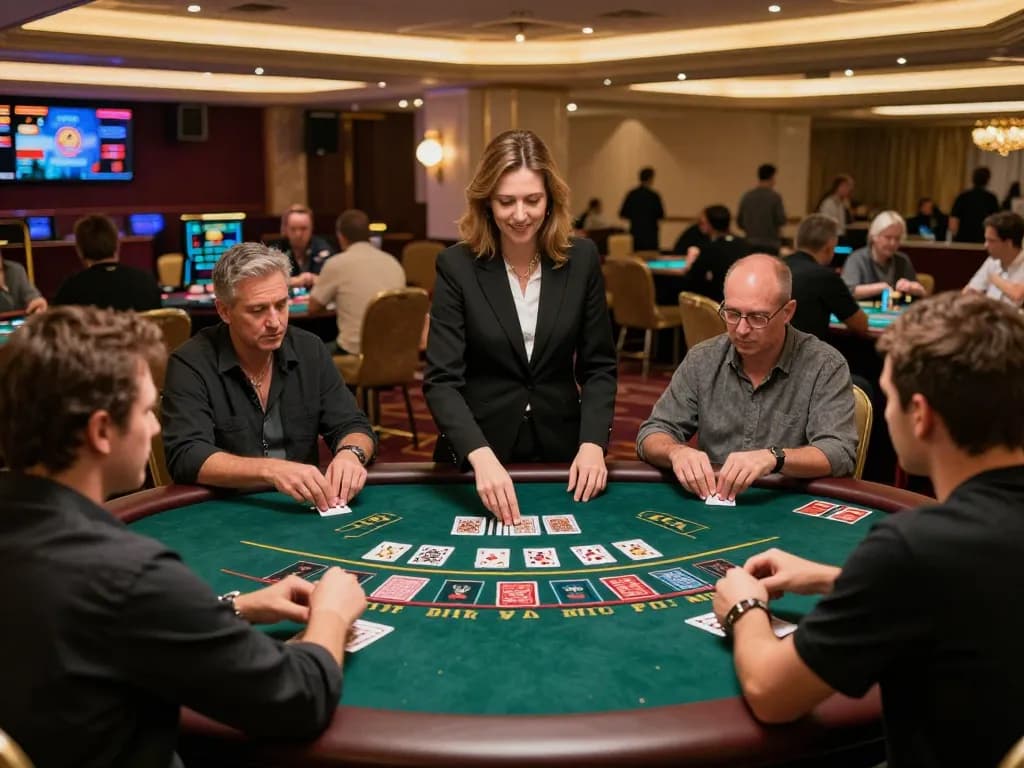 Players enjoying a live blackjack game at lv88cha.com with a professional dealer, vibrant atmosphere, and engaging decor.