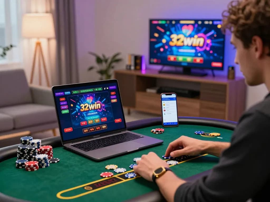 Engaged user enjoying live dealer games on 32win.com in a modern home office.