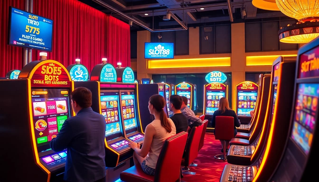 Rasakan keseruan slot88 dengan visual kasino yang cerah menampilkan pemain yang menang