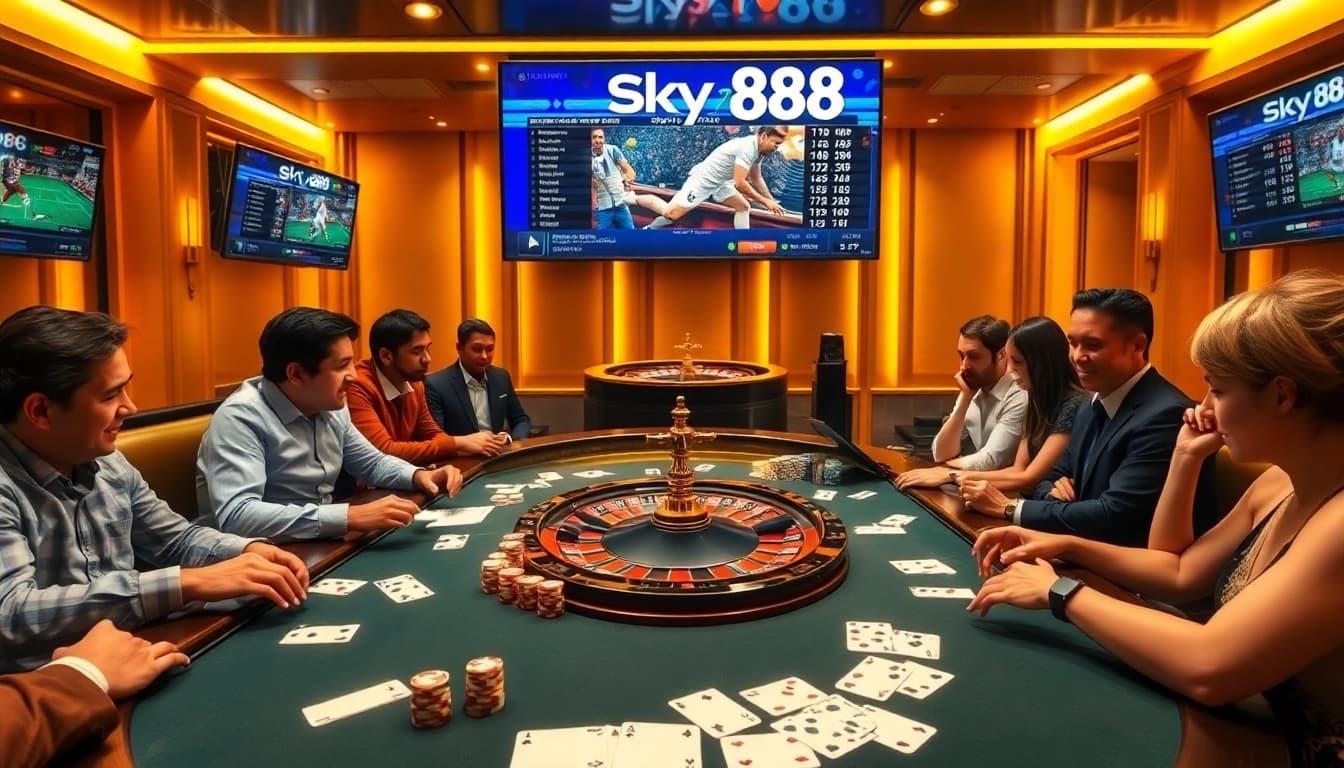 Competitive players enjoying thrilling sky88 thể thao sports betting experience at an elegant casino table.