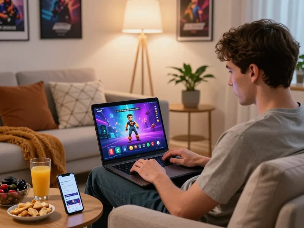 Play engaging porn games on a laptop in a cozy home setting.