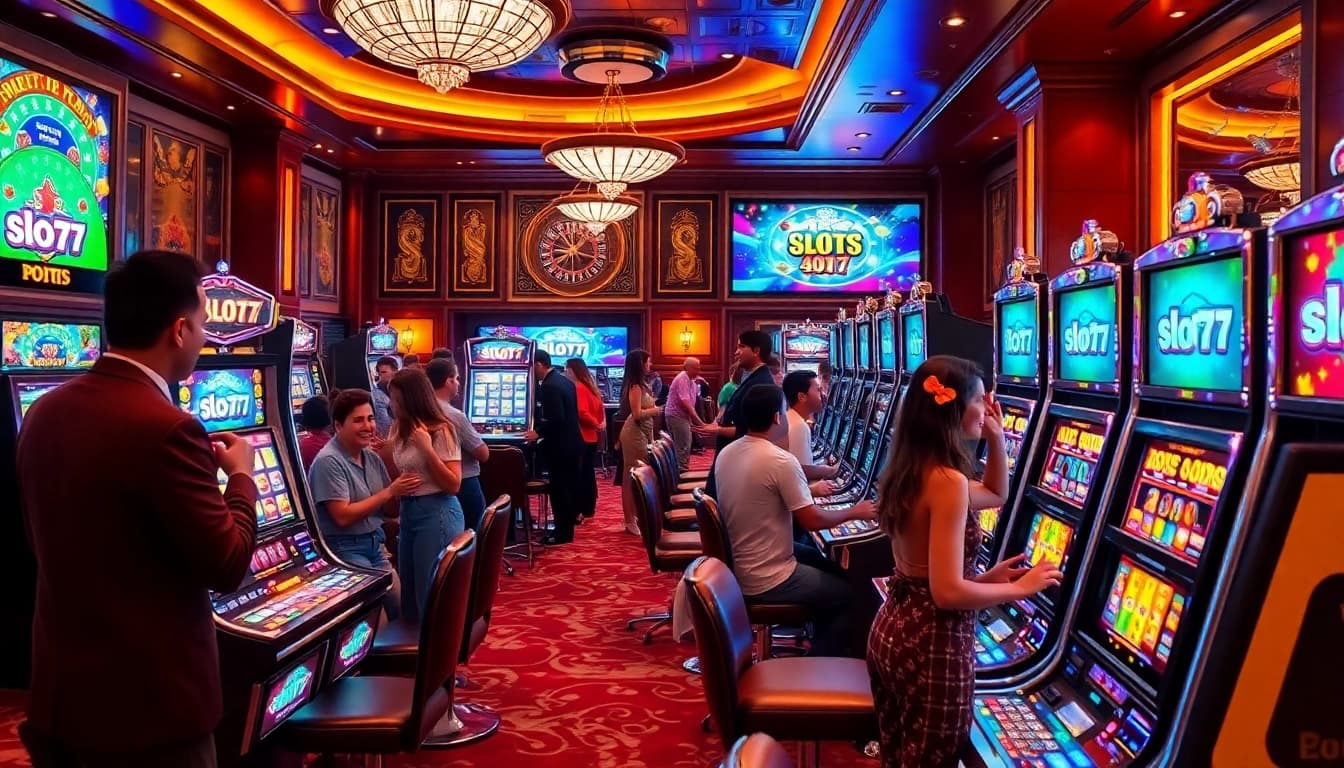 Players enjoying slot777 machines in a vibrant casino, showcasing excitement and winning moments.
