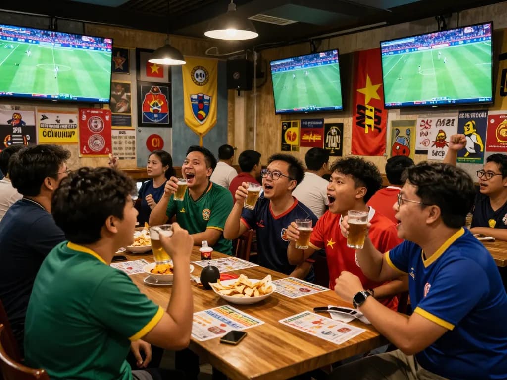 Cá độ bóng đá scene in a lively sports bar with fans celebrating a goal, showcasing the excitement of sports betting.