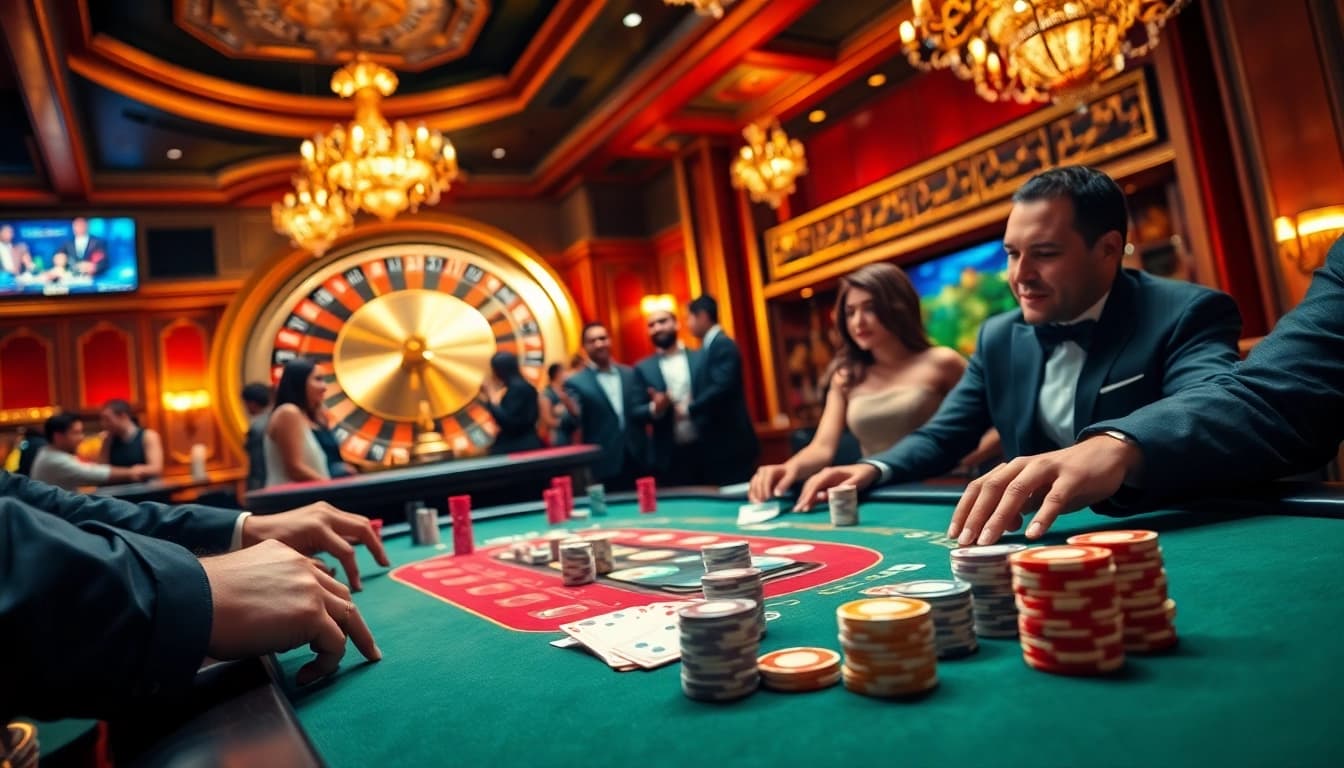Gambling excitement at nhà cái uk88 with a vibrant poker table and roulette wheel.