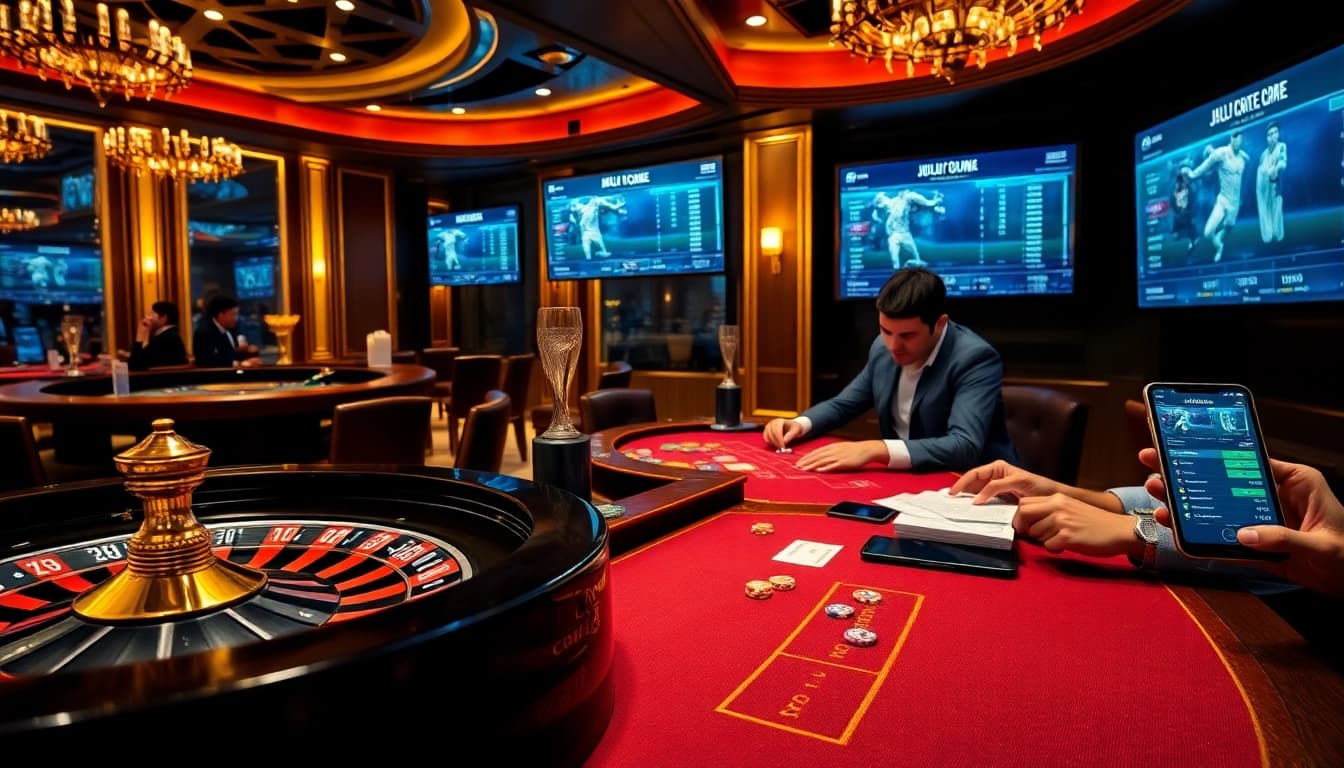Betting on Judi Piala Dunia in a luxurious casino setting with roulette and poker elements.