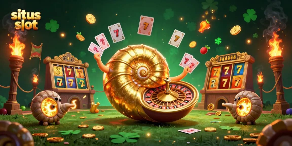 Experience the thrill of situs slot with a vibrant 3D illustration featuring a giant nautilus and casino elements.