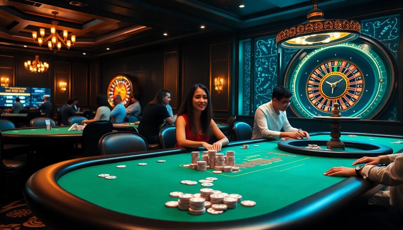 Experience the thrill of gaming at sky888 with diverse players enjoying poker in a luxurious casino.