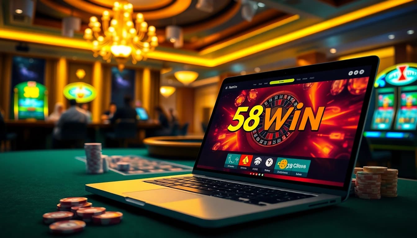 Engage in thrilling 58win com đăng nhập at an upscale casino with vibrant gaming elements.