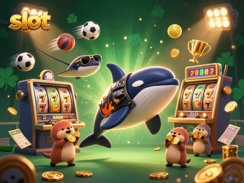 Spin exciting slots as a 3D cartoon whale, stingray, and otters gather golden coins