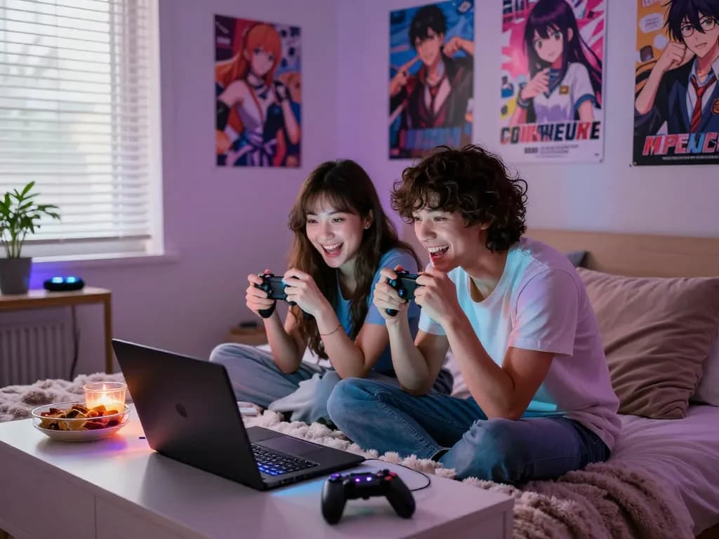 Couple enjoying sex games on a laptop in a cozy bedroom, vibrant atmosphere and playful expressions.
