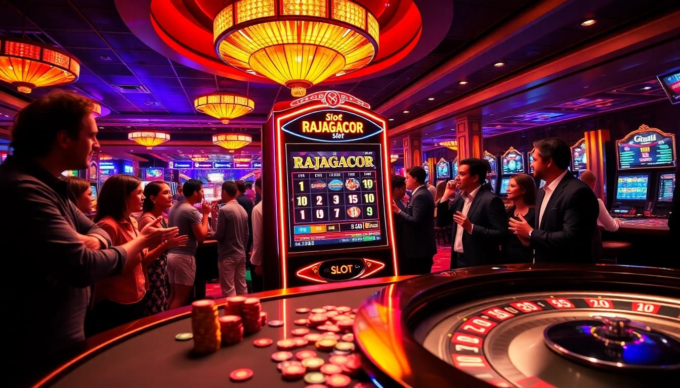 Players enjoying the RAJAGACOR slot machine at a vibrant and luxurious casino.