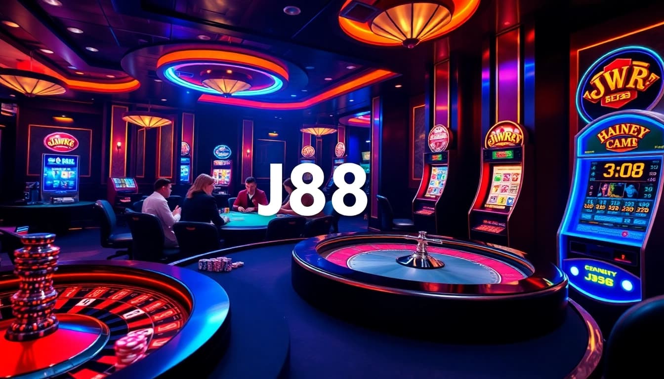 J88 players engaging in an exciting poker game at a luxurious casino table.