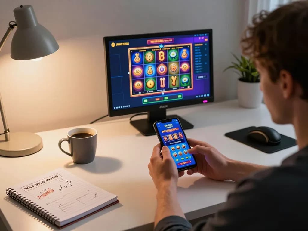 Person gaming on the Wild Sultan Casino mobile app, showcasing a vibrant experience at home.