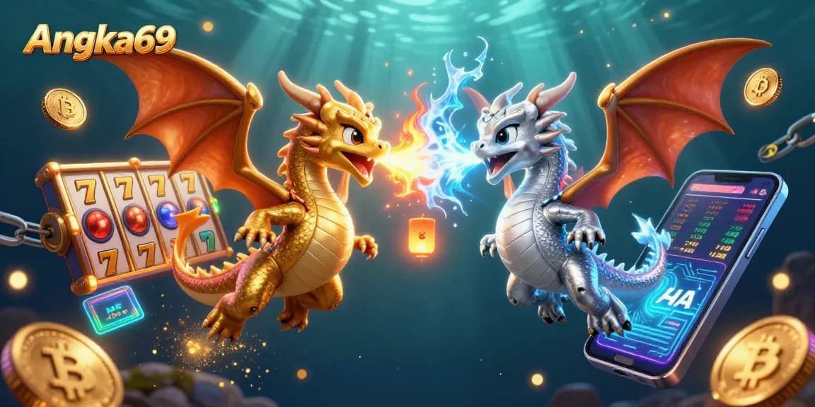 Engage with Angka69's thrilling slot experience featuring rich graphics of dragons and casino elements.