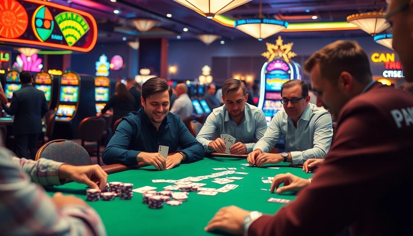 Capture the excitement of AT99 at a lively casino poker game with focused players and glowing lights.