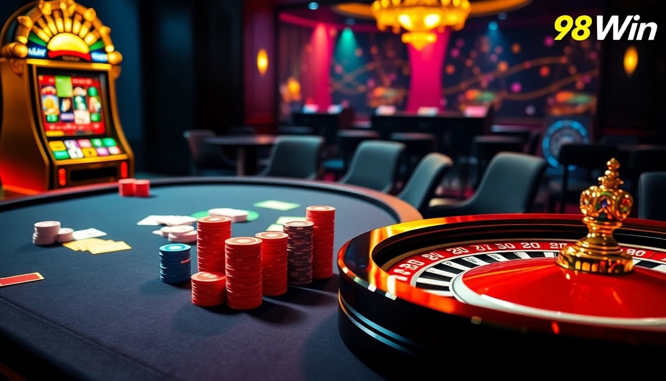 Experience the thrill of winning at 98Win’s vibrant casino with poker tables and slot machines.
