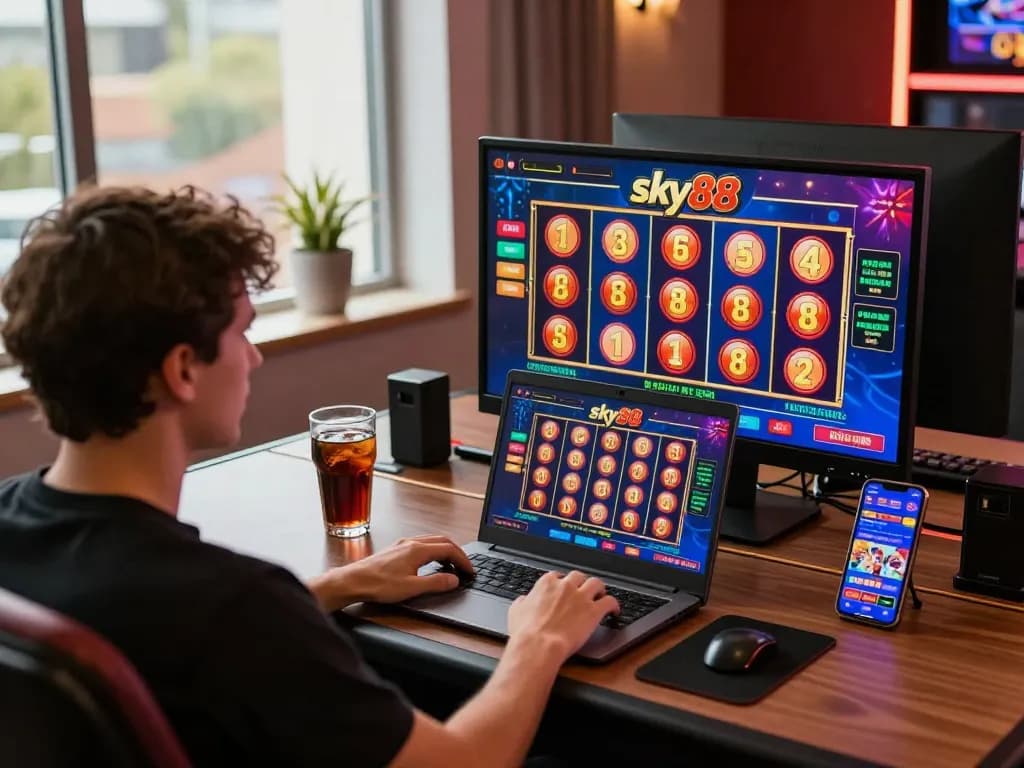 Engaged player revels in a winning moment while playing sky88 online slots on a laptop.