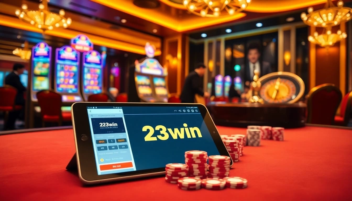 A vibrant casino scene showcasing the 23win app on a tablet, capturing the excitement of mobile gambling.