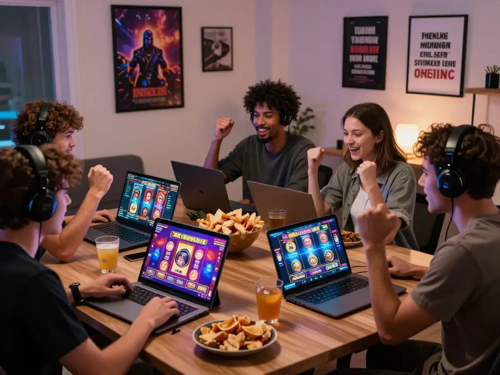 Exciting KDSLOT online gaming scene with players enjoying vibrant slot games in cozy home settings.