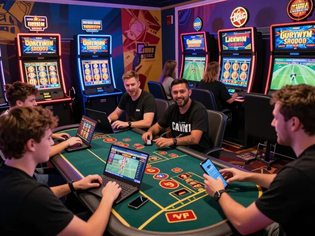 Exciting online gaming scene at https://luckywin.free/ showing users betting, spinning slots, and engaging with live dealers, conveying a vibrant gambling community.