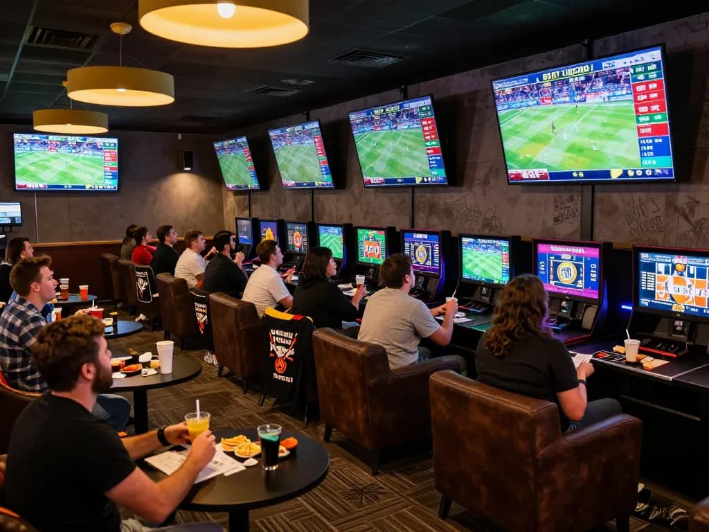 Fans place bets at mpo sport in a lively sports betting lounge with big screens displaying odds.