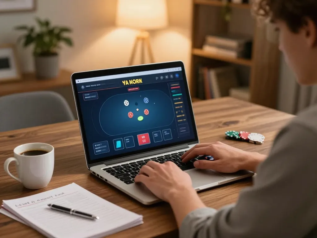Engaged player at home utilizing house strategies at nhà cái uy tín Tg88 during online poker game.