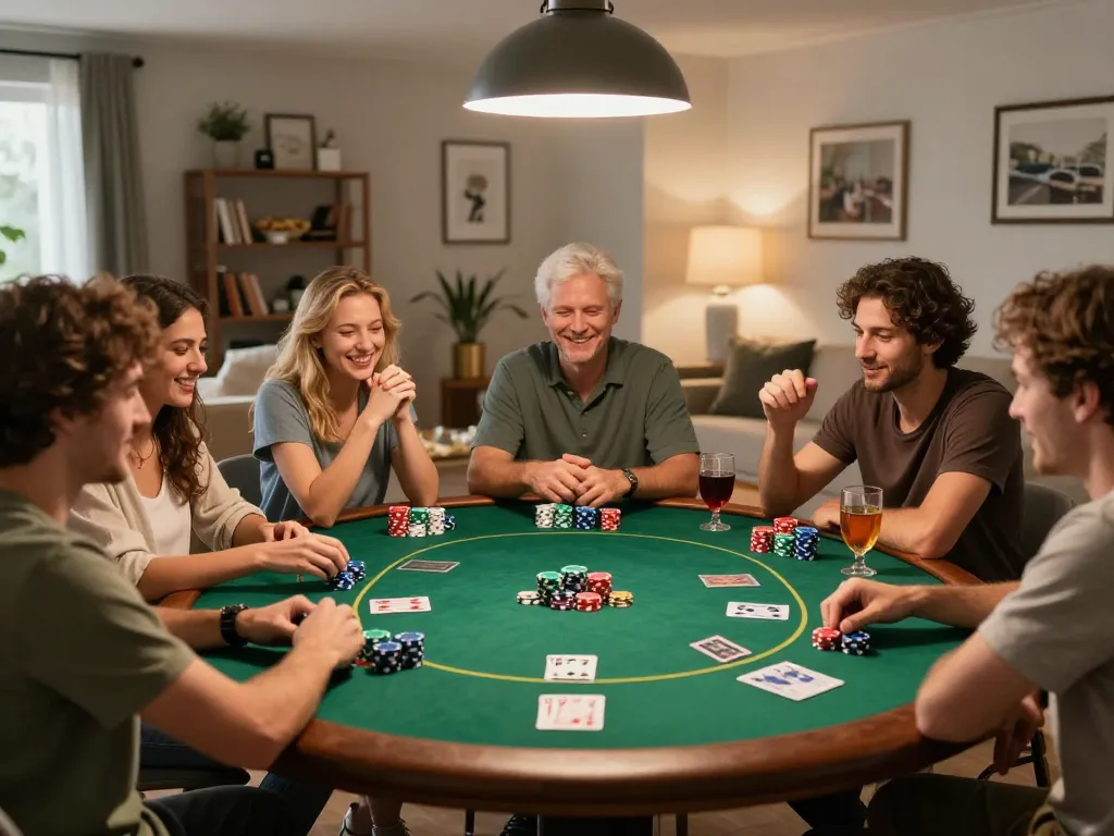 Players enjoying a thrilling poker night at home with 9bet-themed elements, showcasing the excitement and social atmosphere of gaming.