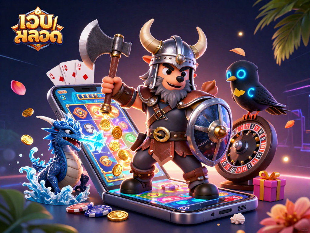 Win big at เว็บสล็อต with a Viking warrior, dragon, and rich slot game elements in a stunning 3D scene.